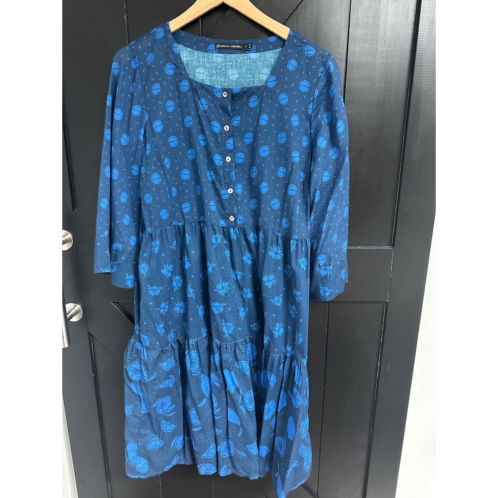 Gudrun Sjoden Blue Organic Cotton Lemon Floral Tiered Midi Dress Womens Size M
